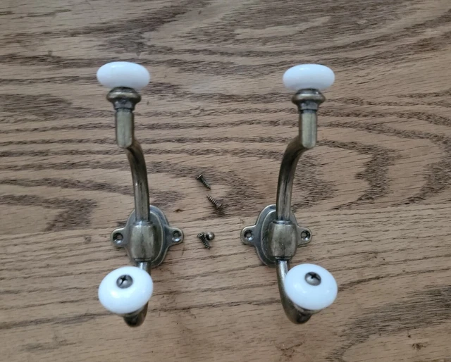 Vintage Solid Brass Double Coat Hanger Porcelain Knobs Wall Mount Hat Towel Hook