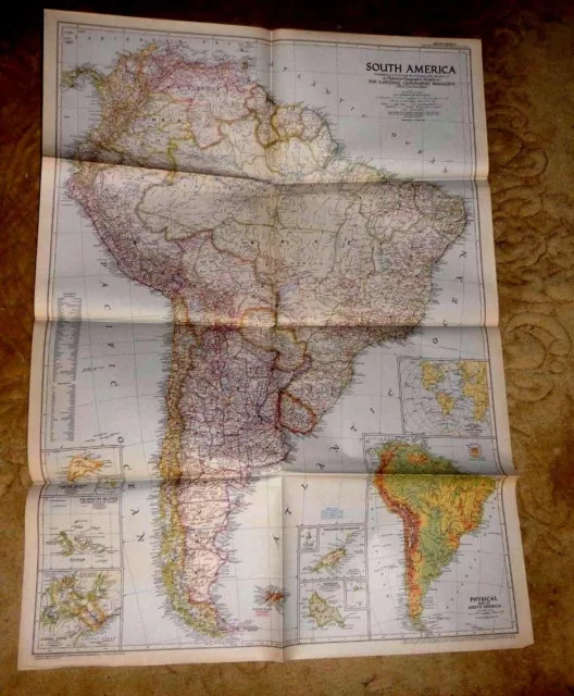 Large Map South America By National Geographic 1950 Canal Zone 1950