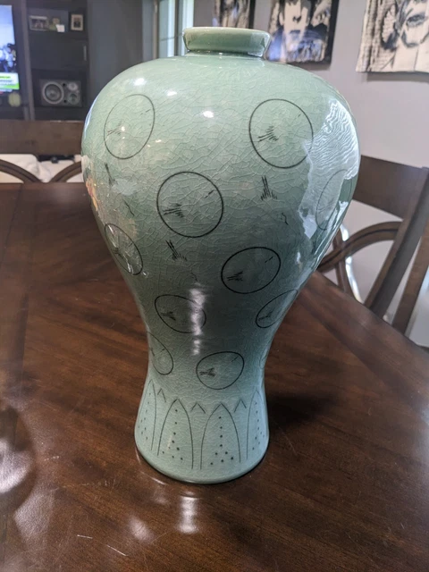Vtg Signed & Stamped Korean Celadon Vase Green Flying Crane Birds In Clouds  13"