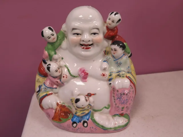 Antique / Vintage Asian Porcelain Buddha With Children. 8 1/2 Inches High Marked