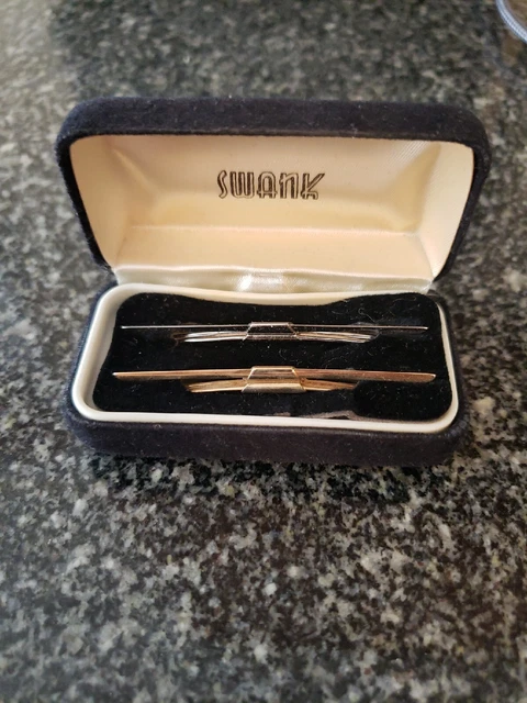 Lot of 2 Swank Mens Collar Cuff Slide Bar Clips Vintage In Velvet Box