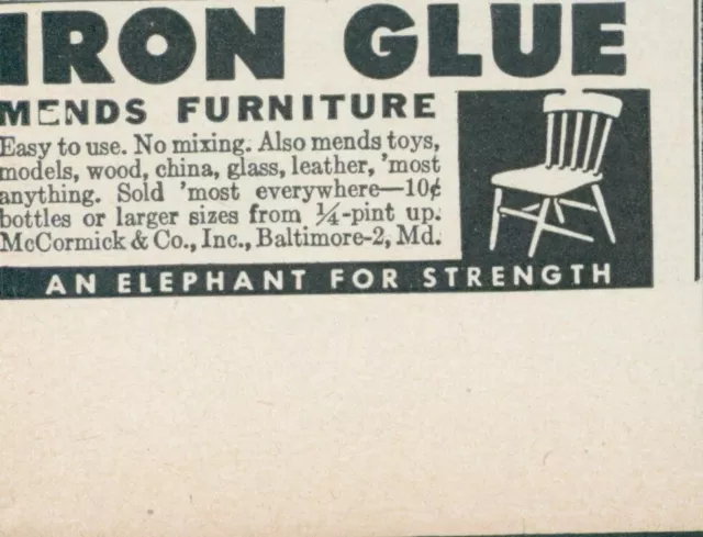 1944 Iron Glue Mend Furniture Elephant For Strength McCormick Vtg Print Ad L20
