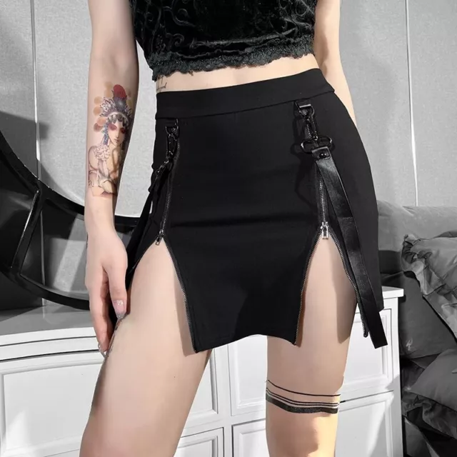Donna Mini Gonna Gotico Punk Club Zip Spacco Split Steampunk Sexy Aderente