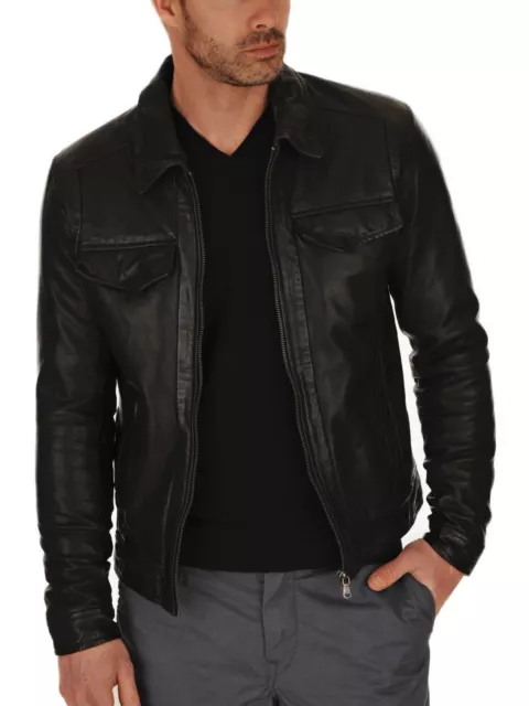 New Mens Leather Jacket Black Slim Fit Biker Motorcycle Genuine Lambskin Coat 25
