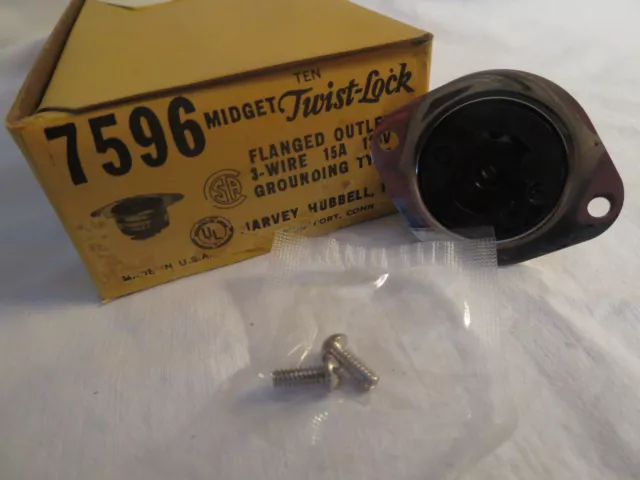 Hubbell 7596 Midget Twist-Lock Flanged Inlet 3-Wire 15A/125V Grounding Type NOS