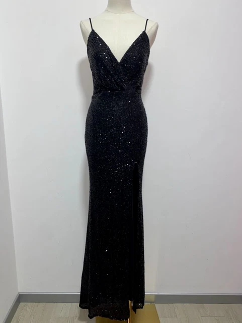 Abito lungo donna da cerimonia elegante vestito da sera nero paillettes e spacco