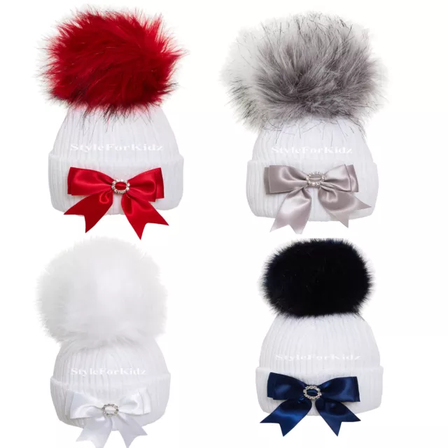 Baby Knitted Hats Girls Boys Pompom Hat With Bow Newborn Fur Bobble