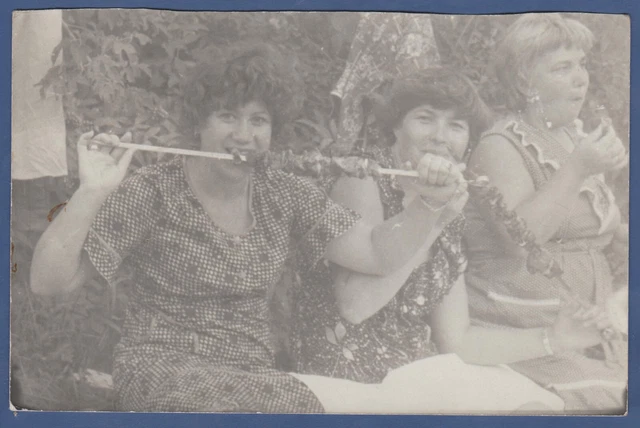 Beautiful girls eating roast meat in nature Soviet Vintage Photo USSR