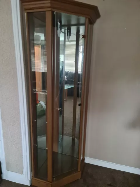 Corner display cabinet, Oak look, With Light, Glass Door And 4 Glass Shelves