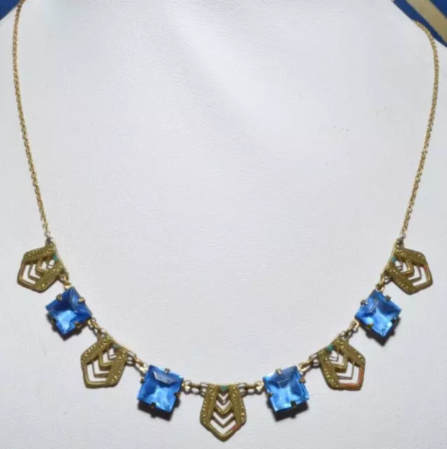 Ornate Vintage Art Deco Blue Glass Rhinestone Enamel Filigree Necklace