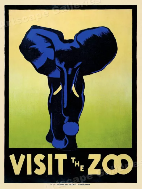 Visit the Zoo 1930s WPA Elephant Poster - Works Progress Poster - 20x28