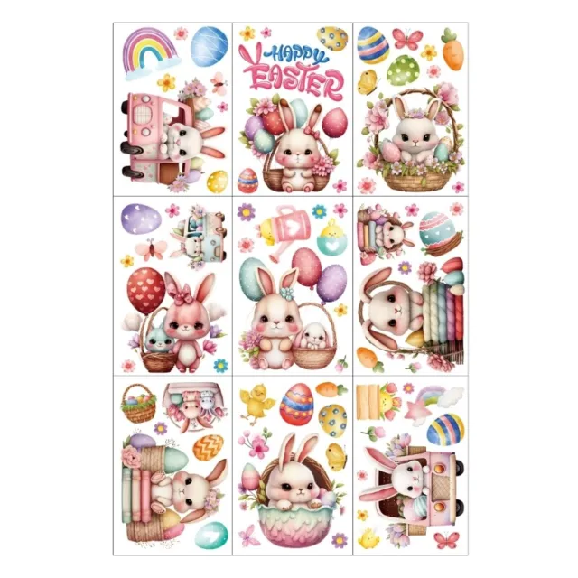 9/18 Sheets Easter Rabbit Eggs Window Sticker Reusable PVC Decals Party Supplies