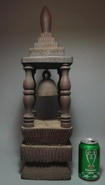 Antique Thai Tower Bell Traditional Bronze Figure 22" Wood Stand