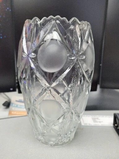 1970's Bohemian Clear And Frosted Grinder Glass Vase 8 1/4" Czechoslovakia