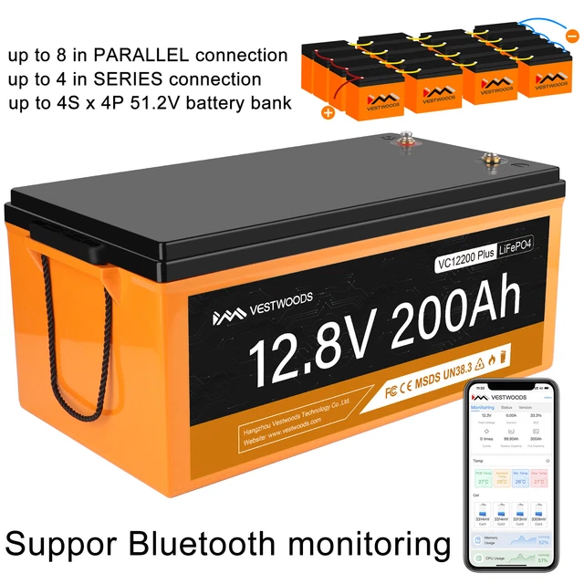 12V200AH 3200wh LiFePO4 App Support Lithium Battery for RV Marine Off-Grid Solar