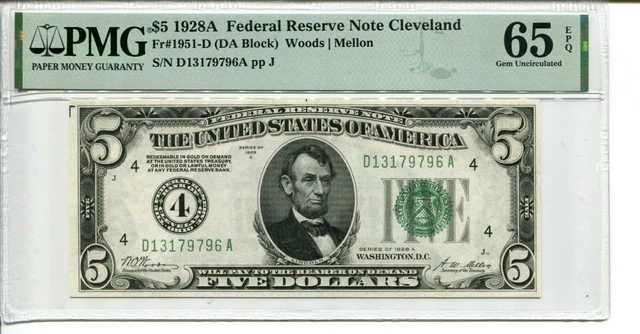 Fr 1951-D 1928A $5 Federal Reserve Pmg 65 Epq Gem Uncirculated