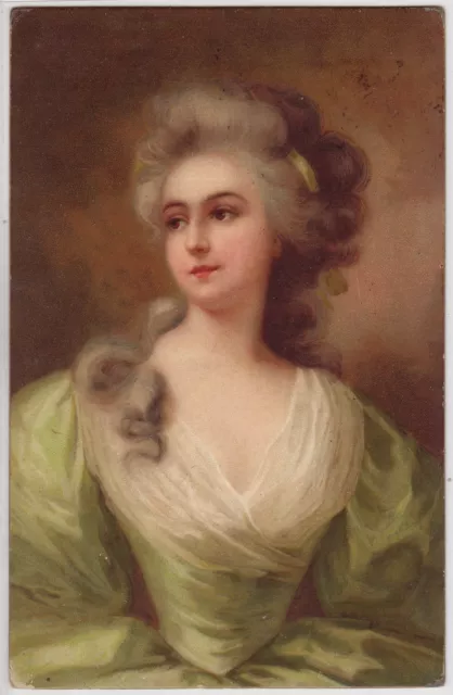 CPA - Charme, beauté, femme, illustrateur, Portrait en robe verte.