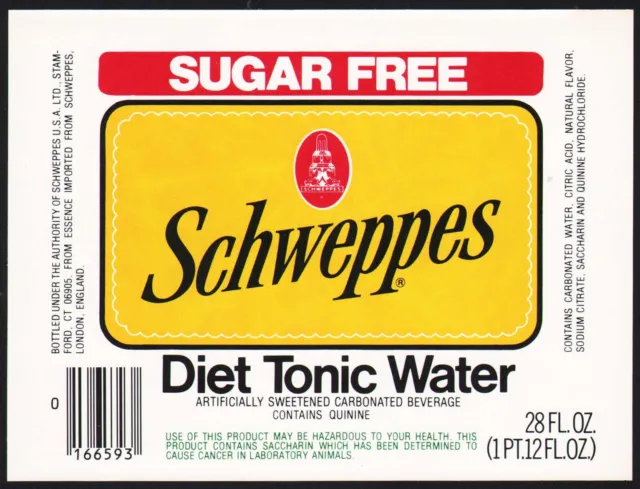 Vintage soda pop bottle label SCHWEPPES TONIC WATER 28oz size Stamford CT nrmt+