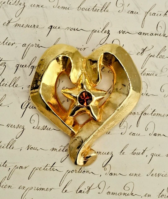 Broche Vintage JACKY DE G Cœur Et étoile Strass Ambré - Résine Dorée, Très Bel état