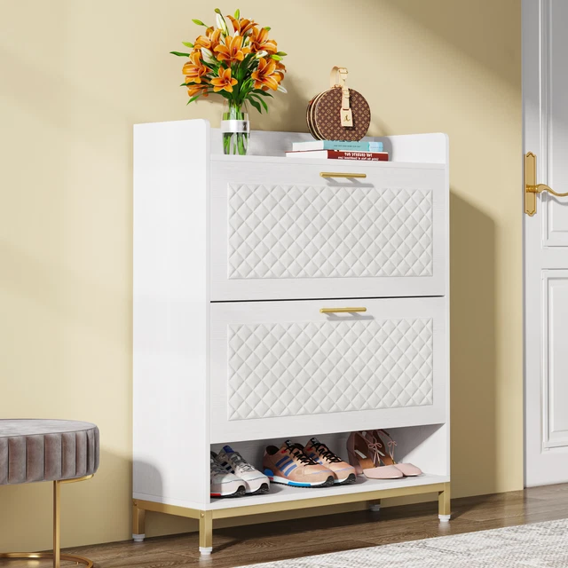 WHITE MODERN SHOE Cabinet Shoe Storage Organizer With 2 Flip Drawer For