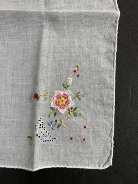 Vintage Embroidered Pink Flowers Hankie Handkerchief 10” EUC