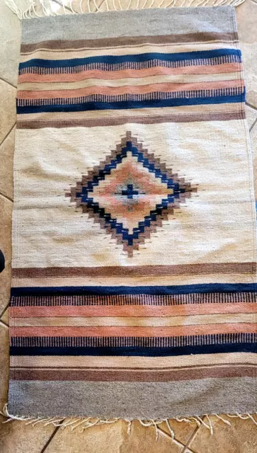 Vintage Hand Woven Large Excellent Zapotec Indian Mexican Wool Rug Oaxaca 30x55"