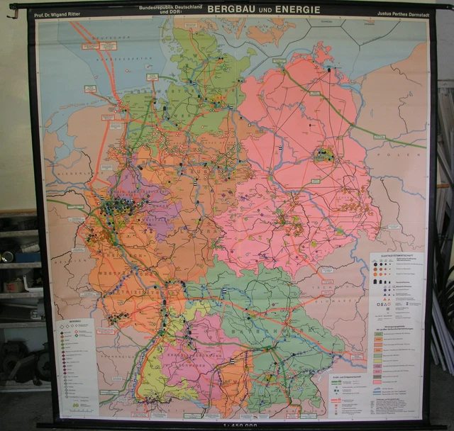 CARTE MURALE SCOLAIRE carte ancienne RFA RDA Allemagne 81 mines énergie ...