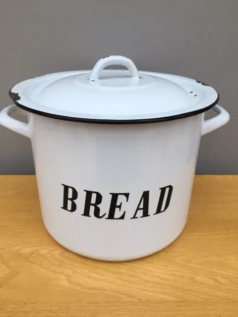 Vintage Retro Round Enamel Bread Bin Black and White Kitchen Storage