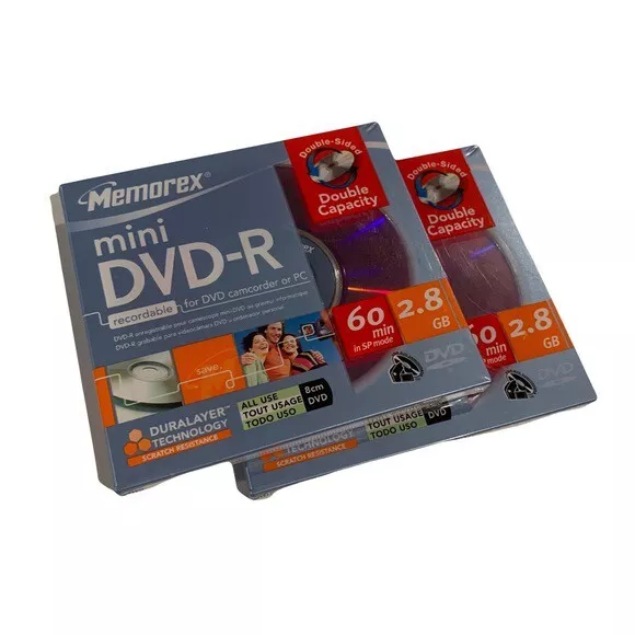 2 x Memorex Mini DVD-R 60 min 2,8 GB doble cara para videocámara o Sony Handycam