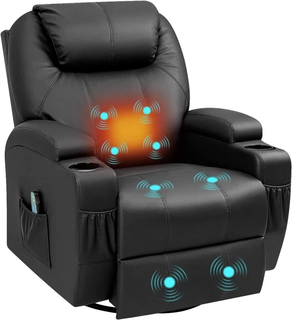 Swivel Rocker Recliner Massage Heating Remote Cup Holders PU Leather Black Swivel Rocker Recliner Massage Heating Remote Cup Holders PU Leather Black