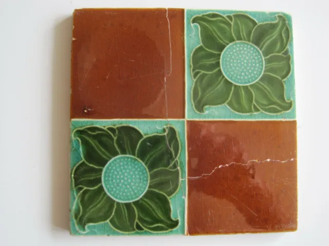 Antique 6"  Victorian Moulded And Majolica Art Nouveau Quartered Tile Mintons