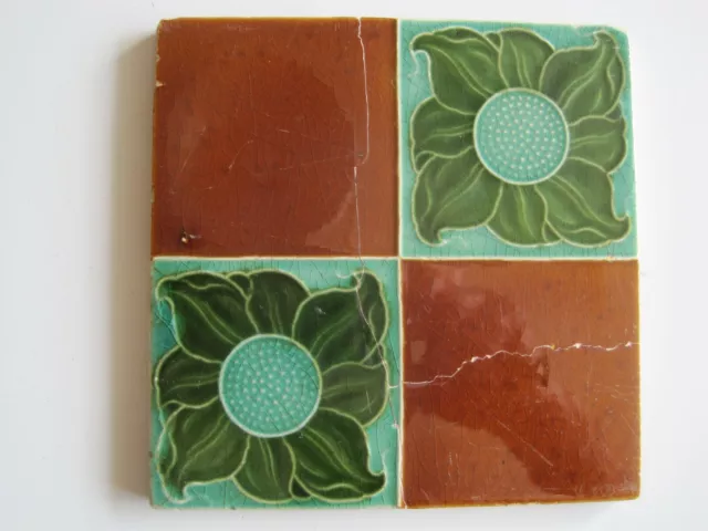 Antique 6"  Victorian Moulded And Majolica Art Nouveau Quartered Tile Mintons