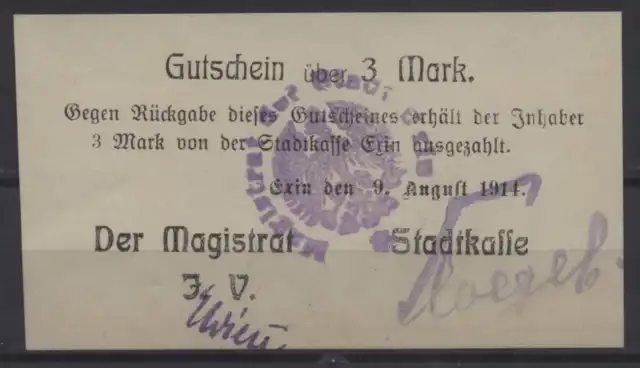 [24444] - Notgeld EXIN (heute: Kcynia), Magistrat, 3 Mark, 09.08.1914, Dießner 9