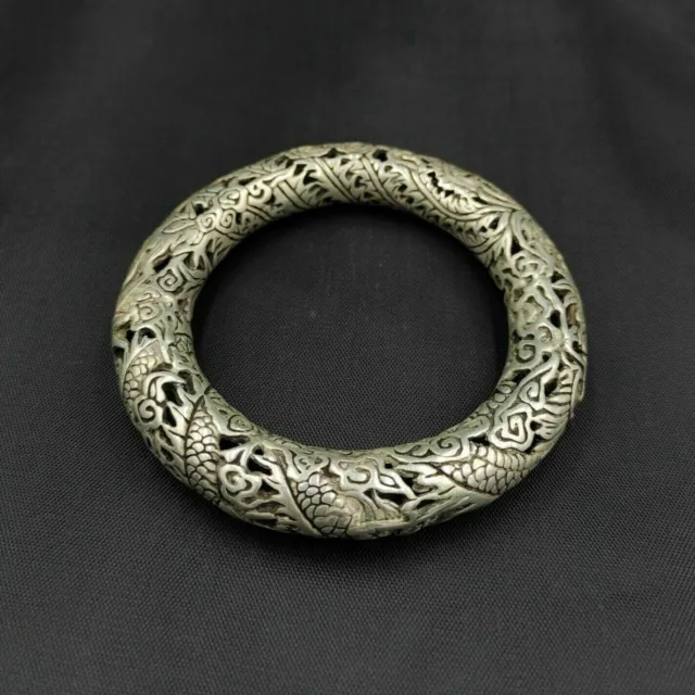 Chinese Revival Rare Tibet Silver Carved DRAGON Men's Bracelet Bangle Jewelry