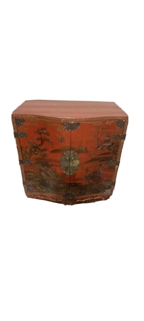 Red lacquer intricately carved lattice detail chinese cabinet antique