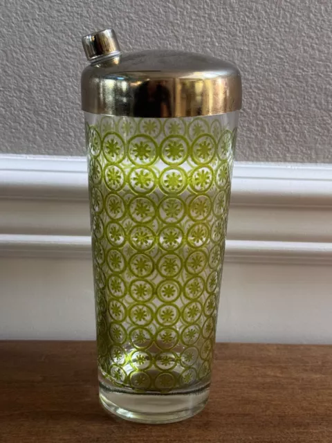 Vintage 1960'S Mcm Atomic Clear/Green Glass Asterisk Barware Cocktail Shaker