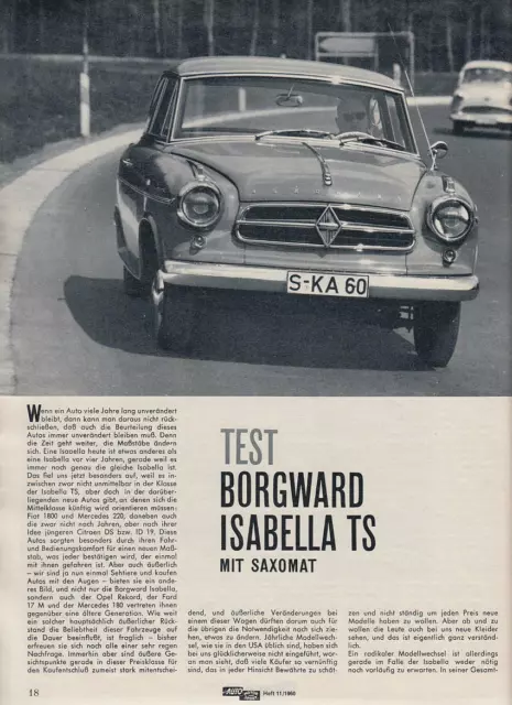 Borgward Isabella TS mit 75 PS - Testbericht von 1960 auf 5 Seiten