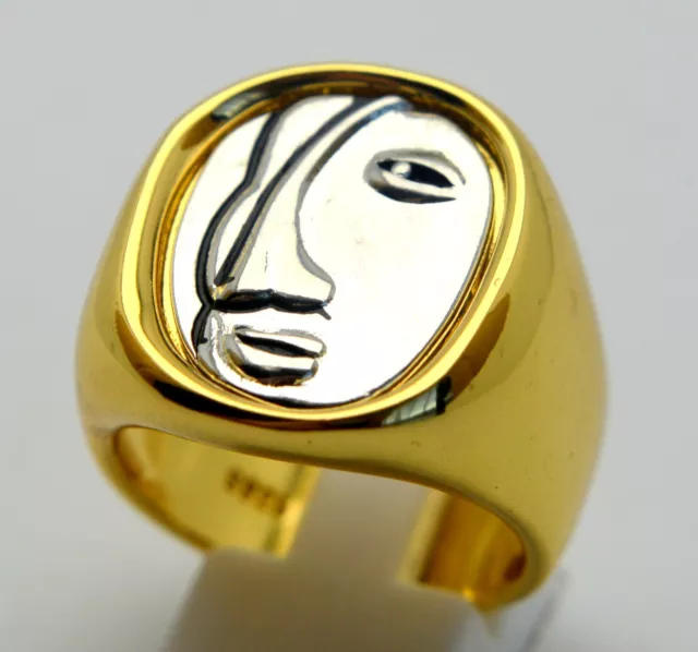 925 Silver & 24K Gold Plated Designer Modernist Ring Face Art