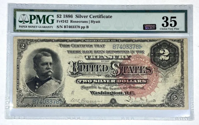 1886 $2 Silver Certificate "Hancock" Note Fr-242 PMG 35 Choice VF Very Fine RARE