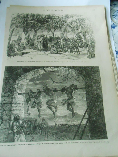 Gravure 1872 - Afrique l'esclavage à Zanzibar le marché et punition