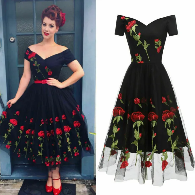 Womens 50s Style Vintage Retro Rockabilly Off Shoulder Evening Party Dress 2