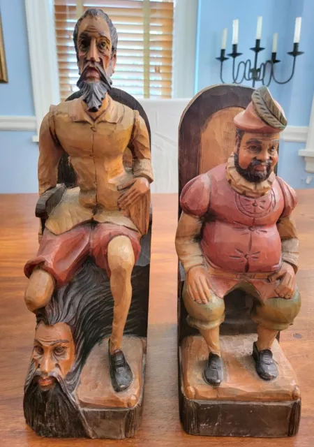 Vintage Hand Carved Wooden Large Don Quixote & Sancho Panza Sculpture Bookends