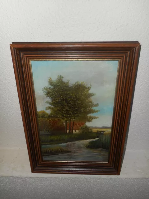 Old oil painting,{ Landscape with a cottage near a river }.