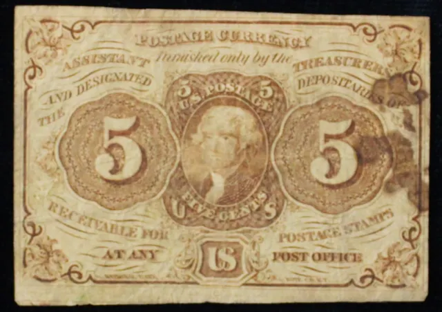 1862-1863 5-Cent 1st Issue Jefferson Fractional Currency Note - F