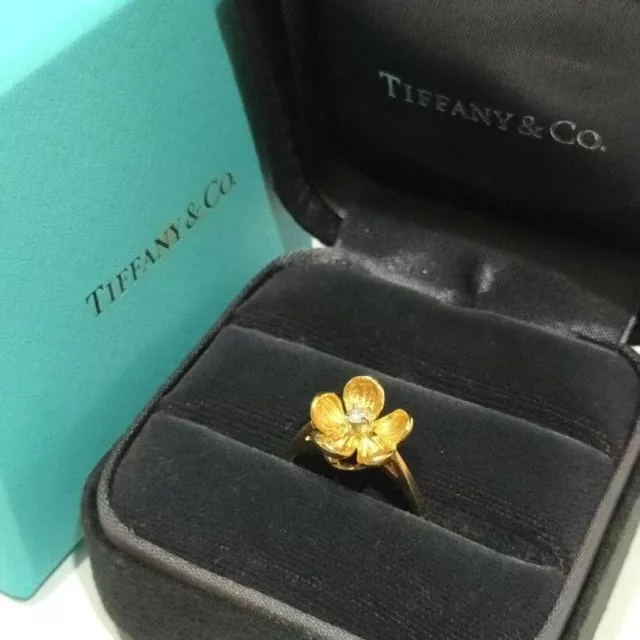 Tiffany & Co Vintage 18k Yellow Gold Diamond Dogwood Flower Ring US 5.5 Boxed