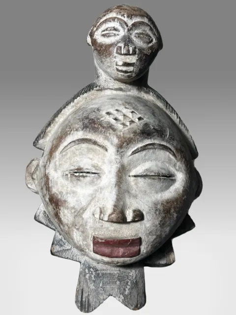 African Punu Style Mask from Gabon w/ Figural Head on top 12” tall Wood Tribal
