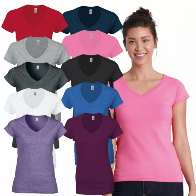 Gildan Softstyle Ladies V-Neck T-Shirt Casual Plain Soft Cotton Jersey Tee Shirt