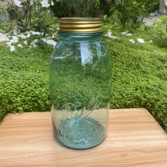 Vintage Antique Ball Perfect Mason Jar Half Gallon Aqua With Glass Lid No 10