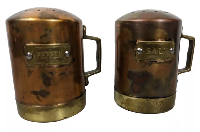 Copper and Brass Salt & Pepper Shakers w/ Handle Riveted Label Height 4" Vintage