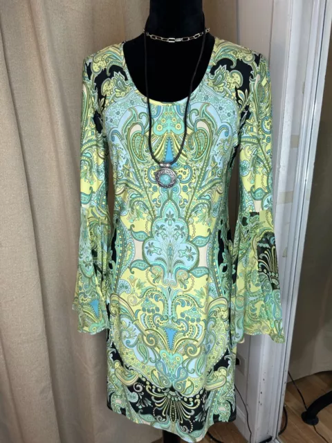 MSK Dress Womens Small Paisley Bell Sleeve Boho Short Mini Stretch Flowy Floral